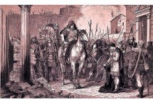 Drevorytina z konca 19. storočia, znázorňujúca Odoakera po vstupe do Ravenny, kde začiatkom septembra roku 476 detronizoval rímskeho cisára Romula Augusta. Tento moment je považovaný za koniec Západorímskej ríše, a tiež za symbolický predel medzi starovekom a stredovekom.