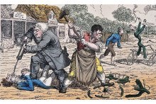 Na tejto britskej grafike (farebný lept od C. Williamsa) z roku 1819 je zobrazený dedinský veterinár a kováč, ako napádajú bicyklistov a ničia im velocipédy, z obavy, že nový dopravný prostriedok nahradí kone a oni prídu o obživu.
